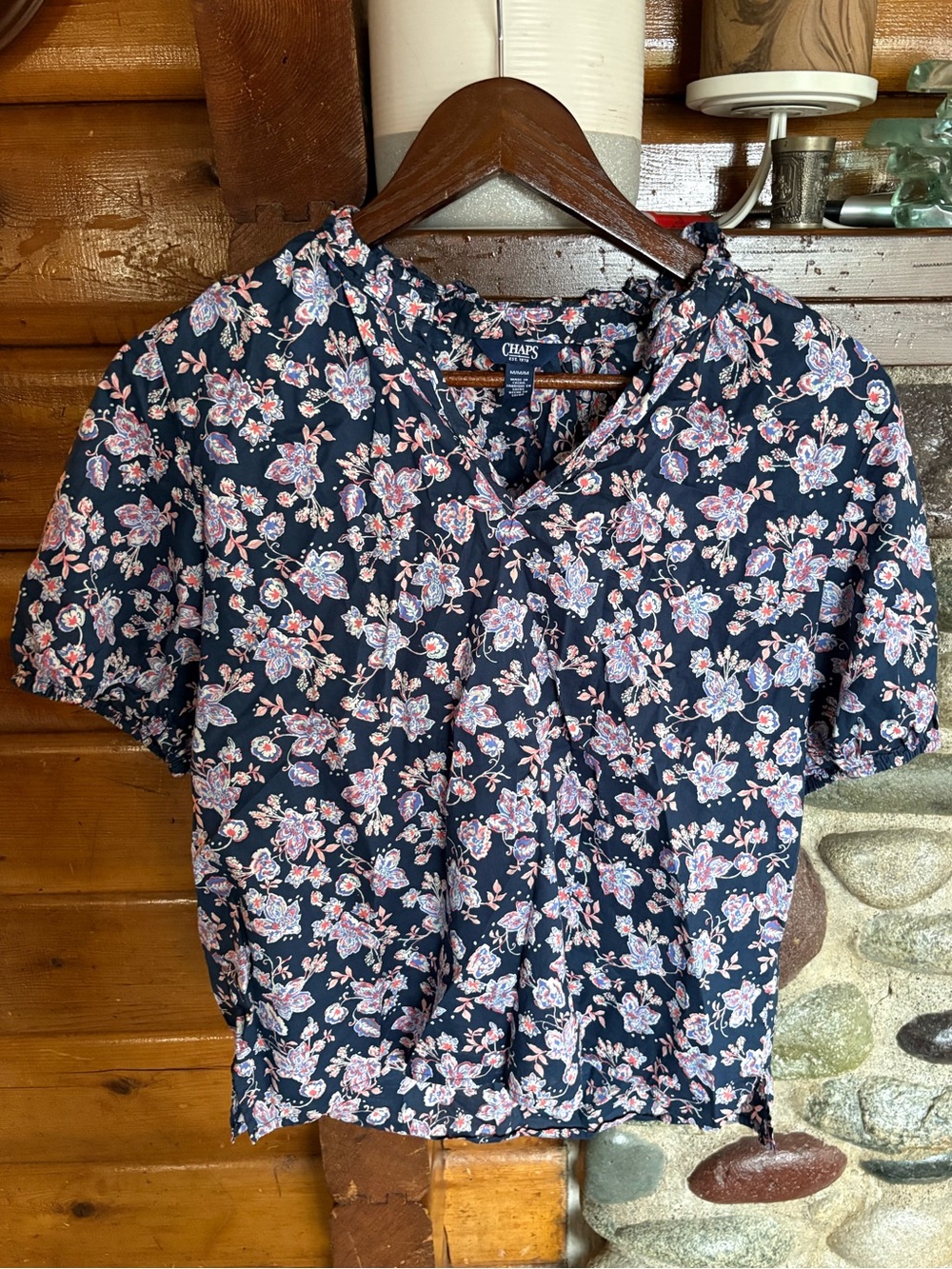 Chaps Navy Floral Cotton Puff Sleeve Cottagecore Blouse M